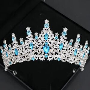 Wicked Silk Prom, Quinceanera Jeweled Crown Tiara Headband - Silver Light Blue